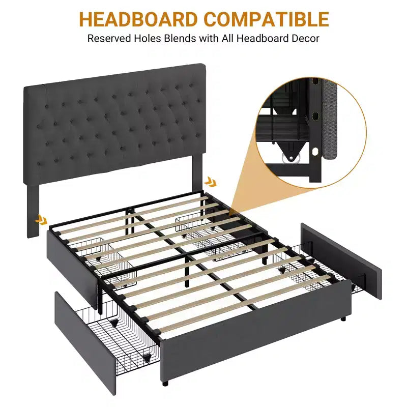 Full / Queen / King Platform Bed Frame with 4 Storage Drawers, Fabric Upholstered, No Box Spring, Wooden Slats, Noise Free, Easy Assembly, Dark Grey