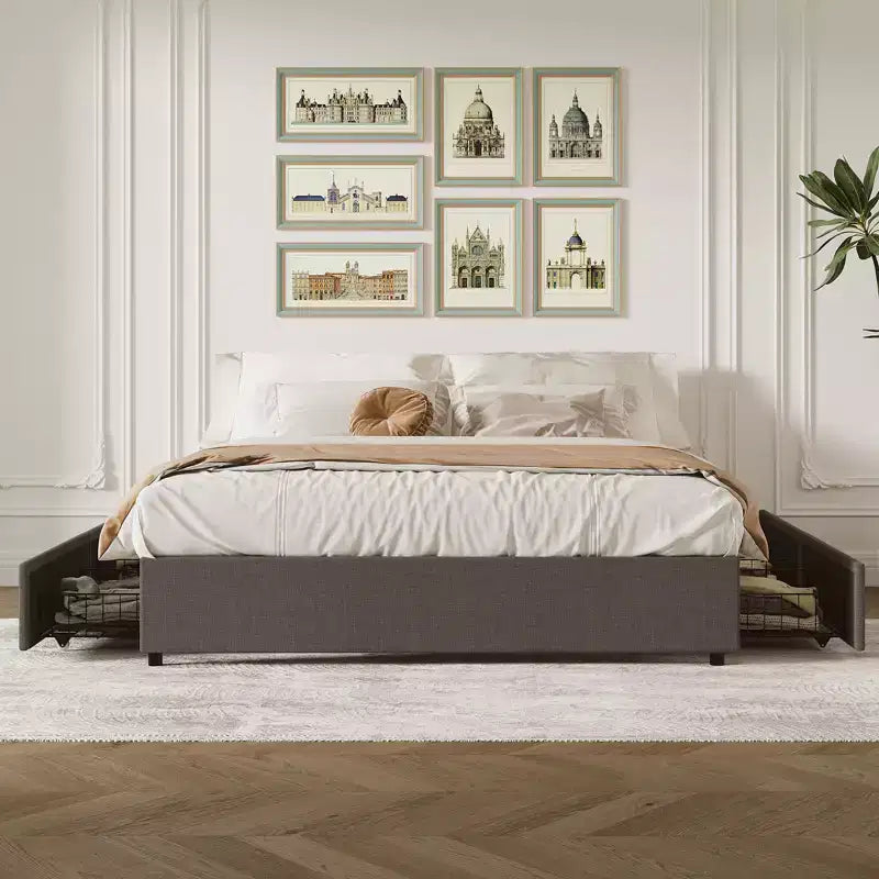 Full / Queen / King Platform Bed Frame with 4 Storage Drawers, Fabric Upholstered, No Box Spring, Wooden Slats, Noise Free, Easy Assembly, Dark Grey