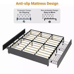 Full / Queen / King Platform Bed Frame with 4 Storage Drawers, Fabric Upholstered, No Box Spring, Wooden Slats, Noise Free, Easy Assembly, Dark Grey