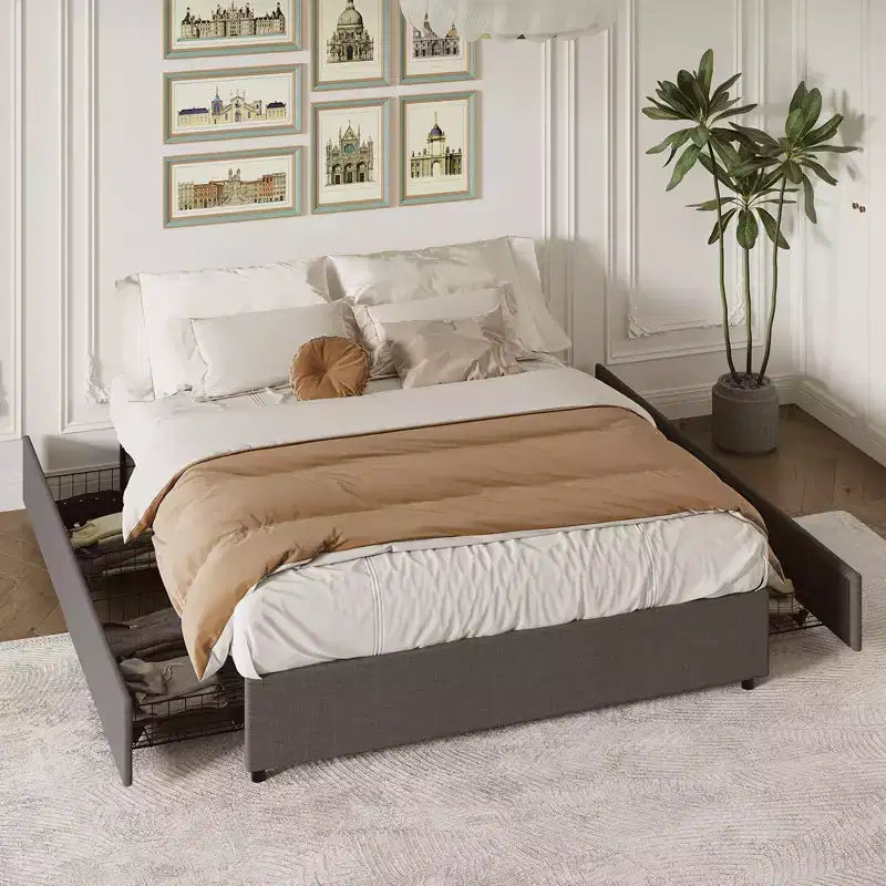 Full / Queen / King Platform Bed Frame with 4 Storage Drawers, Fabric Upholstered, No Box Spring, Wooden Slats, Noise Free, Easy Assembly, Dark Grey