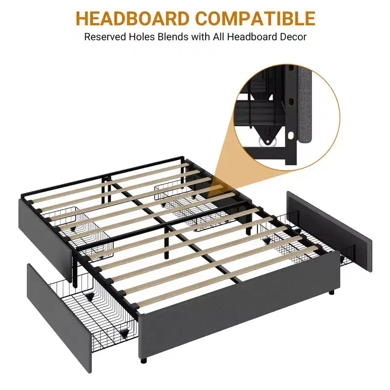 Full / Queen / King Platform Bed Frame with 4 Storage Drawers, Fabric Upholstered, No Box Spring, Wooden Slats, Noise Free, Easy Assembly, Dark Grey