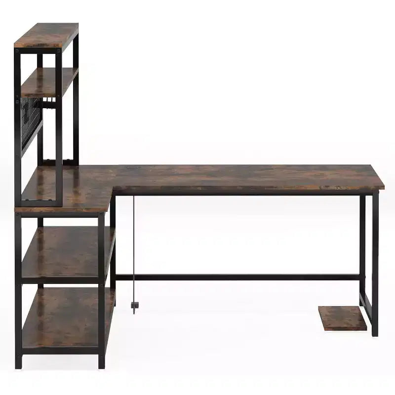Lantine L-Shaped Computer Desk 55 Inch Reversible Office Desk Study Writing Table with Wireless Charging and Bookshelf for Home Office, Brown