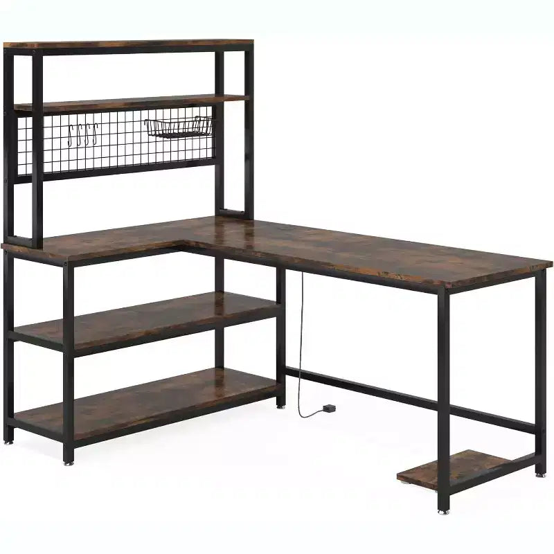 Lantine L-Shaped Computer Desk 55 Inch Reversible Office Desk Study Writing Table with Wireless Charging and Bookshelf for Home Office, Brown