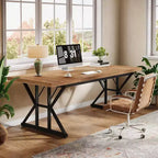 Lantine 70.86-Inch Large Executive Desk, Industrial Home Office Computer and Writing Study Table, Light Brown/Black