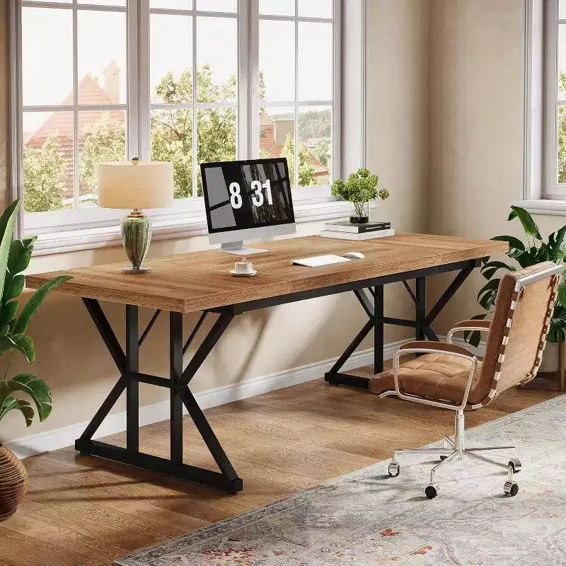 Lantine 70.86-Inch Large Executive Desk, Industrial Home Office Computer and Writing Study Table, Light Brown/Black
