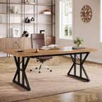 Lantine 70.86-Inch Large Executive Desk, Industrial Home Office Computer and Writing Study Table, Light Brown/Black