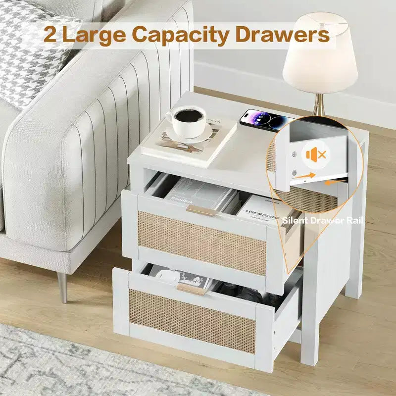 TYBOATLE Set of 2 Rattan Nightstands with Wireless Charging Station, Mid-Century Modern End Tables with 2 Boho Woven Drawers, Wood Bedside Tables