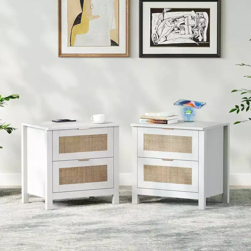 TYBOATLE Set of 2 Rattan Nightstands with Wireless Charging Station, Mid-Century Modern End Tables with 2 Boho Woven Drawers, Wood Bedside Tables