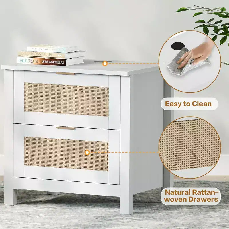 TYBOATLE Set of 2 Rattan Nightstands with Wireless Charging Station, Mid-Century Modern End Tables with 2 Boho Woven Drawers, Wood Bedside Tables