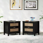 TYBOATLE Set of 2 Rattan Nightstands with Wireless Charging Station, Mid-Century Modern End Tables with 2 Boho Woven Drawers, Wood Bedside Tables