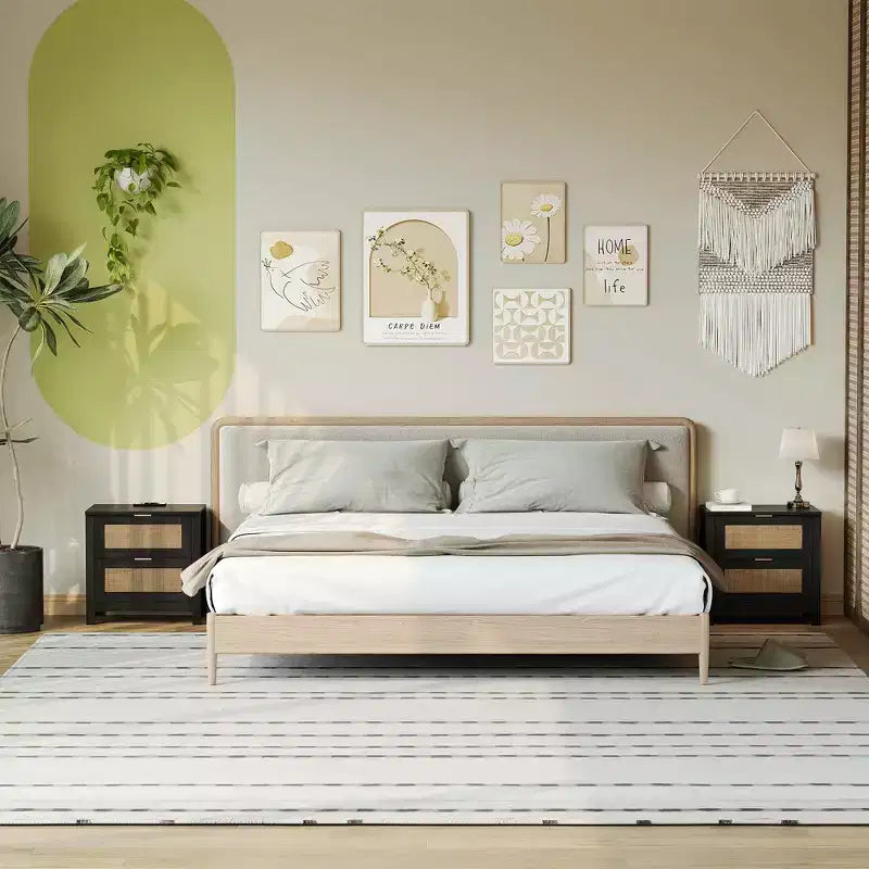 TYBOATLE Set of 2 Rattan Nightstands with Wireless Charging Station, Mid-Century Modern End Tables with 2 Boho Woven Drawers, Wood Bedside Tables