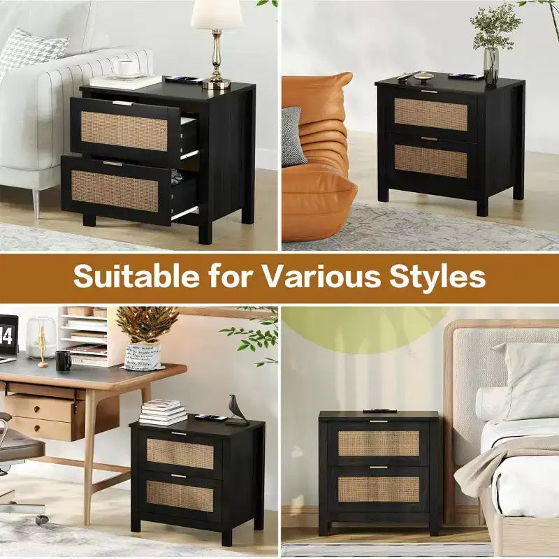 TYBOATLE Set of 2 Rattan Nightstands with Wireless Charging Station, Mid-Century Modern End Tables with 2 Boho Woven Drawers, Wood Bedside Tables