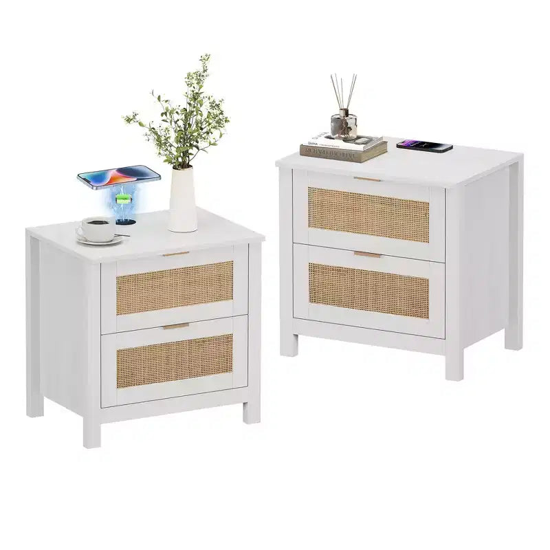 TYBOATLE Set of 2 Rattan Nightstands with Wireless Charging Station, Mid-Century Modern End Tables with 2 Boho Woven Drawers, Wood Bedside Tables