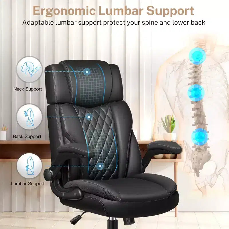 KERDOM Executive Leather Office Chair, Ergonomic Office Chair High Back Lumbar Support with Padded Armrests