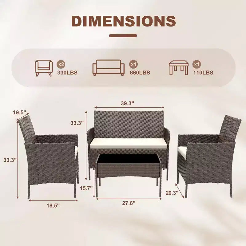 4 Piece Patio Furniture Set, Rattan Wicker Patio Conversation Set with Coffee Table, Outdoor Table and Chairs Set for Backyard Poolside,Black & Beige