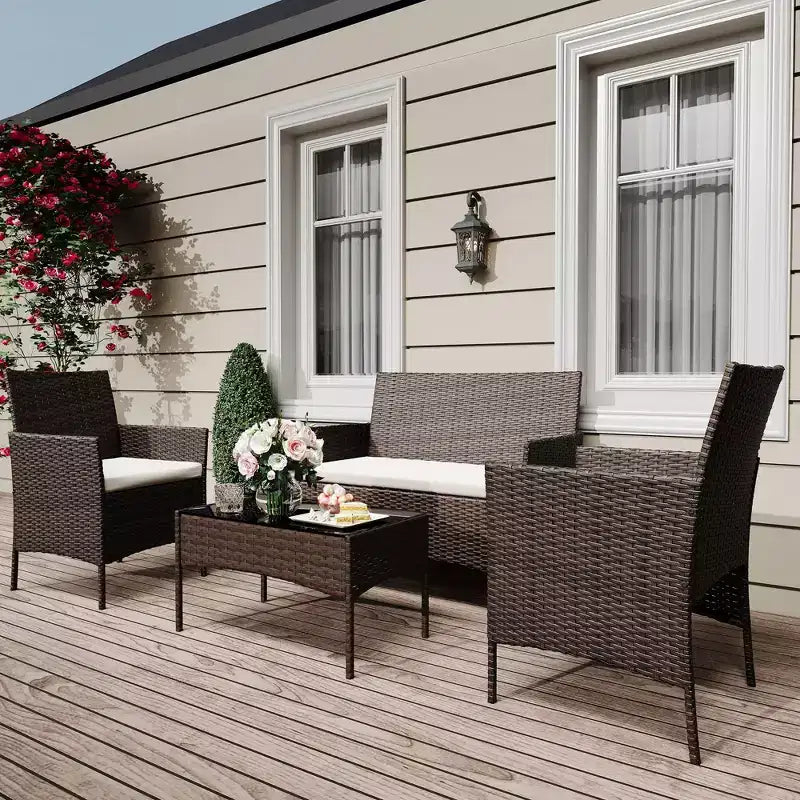 4 Piece Patio Furniture Set, Rattan Wicker Patio Conversation Set with Coffee Table, Outdoor Table and Chairs Set for Backyard Poolside,Black & Beige
