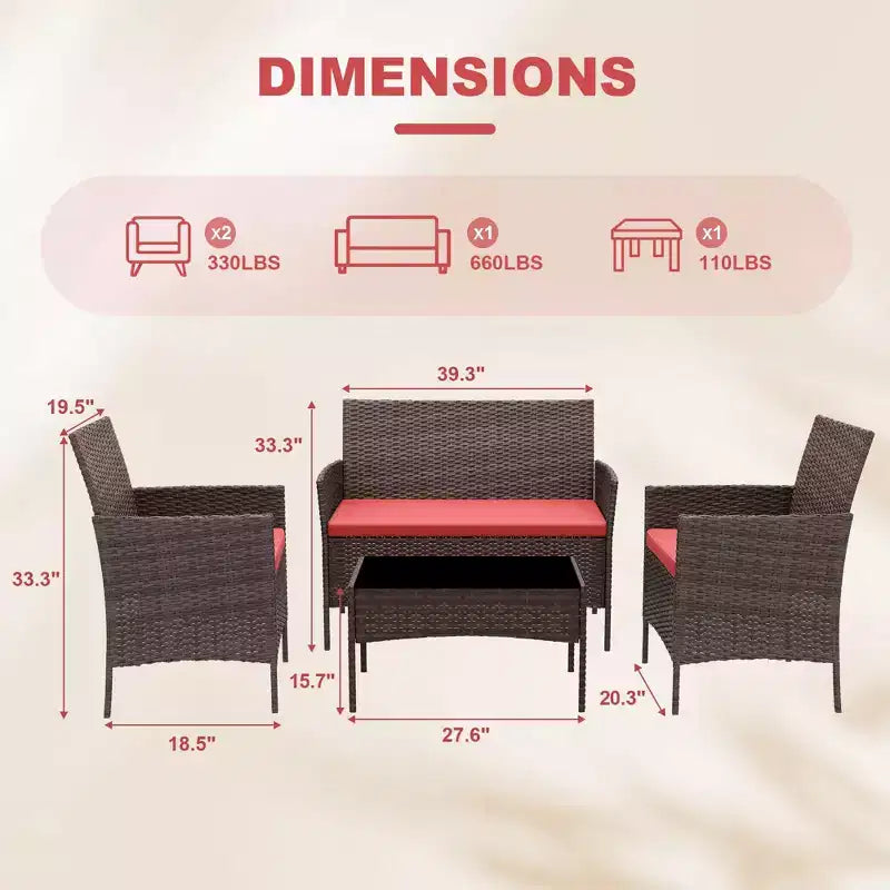 4 Piece Patio Furniture Set, Rattan Wicker Patio Conversation Set with Coffee Table, Outdoor Table and Chairs Set for Backyard Poolside,Black & Beige