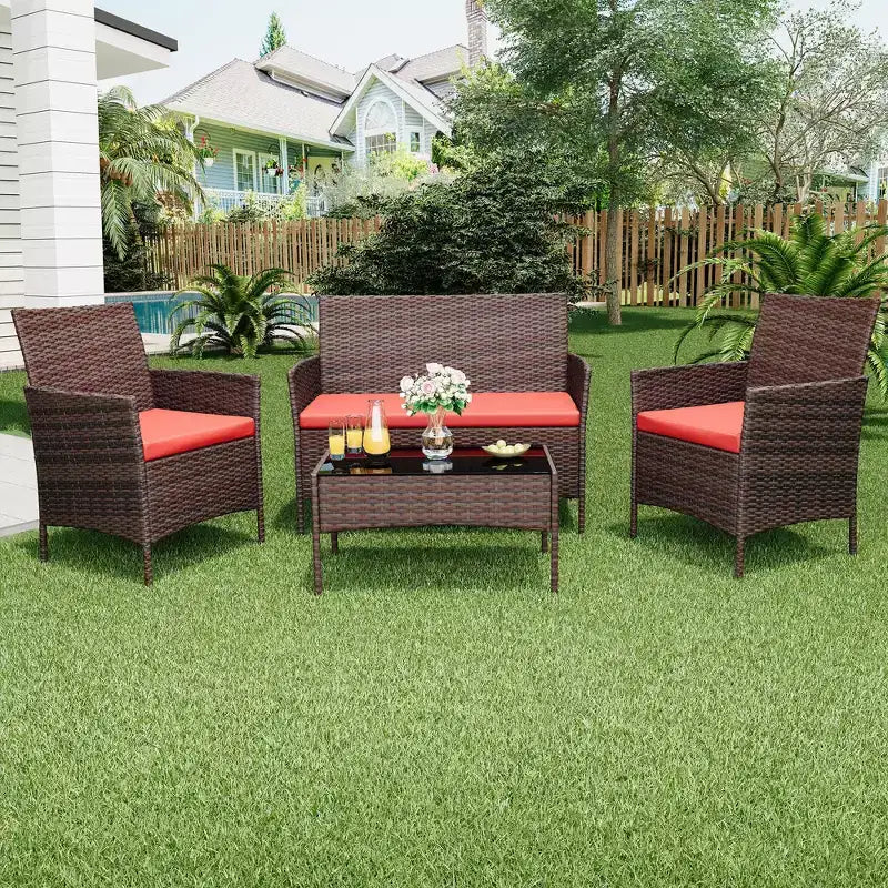 4 Piece Patio Furniture Set, Rattan Wicker Patio Conversation Set with Coffee Table, Outdoor Table and Chairs Set for Backyard Poolside,Black & Beige