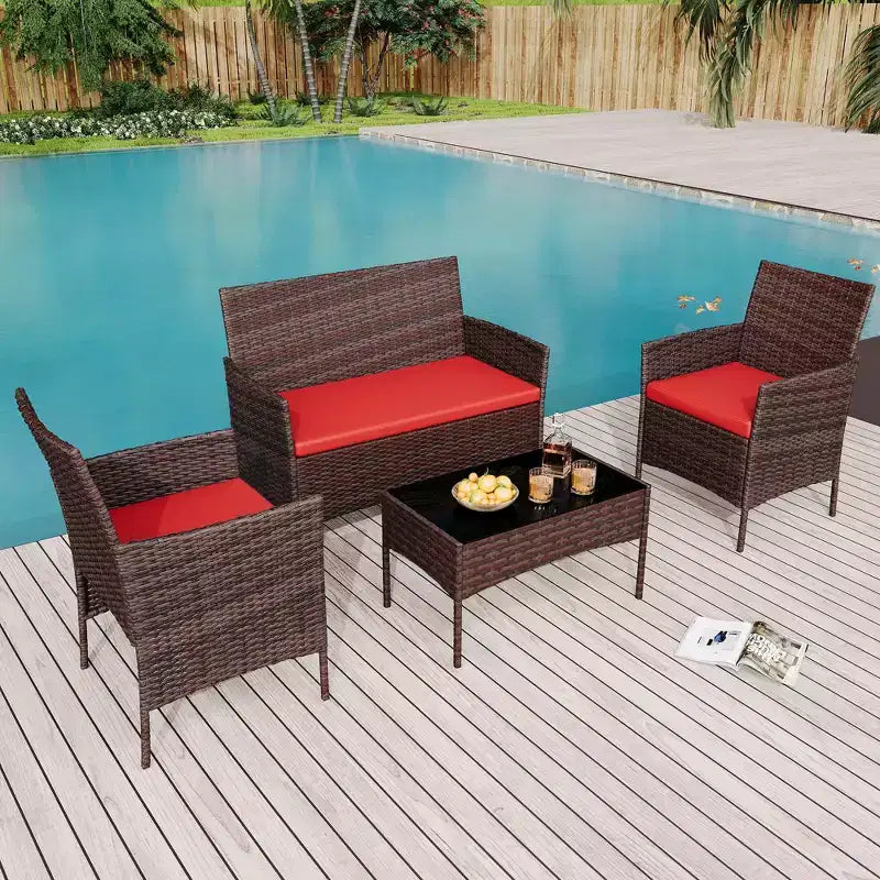 4 Piece Patio Furniture Set, Rattan Wicker Patio Conversation Set with Coffee Table, Outdoor Table and Chairs Set for Backyard Poolside,Black & Beige