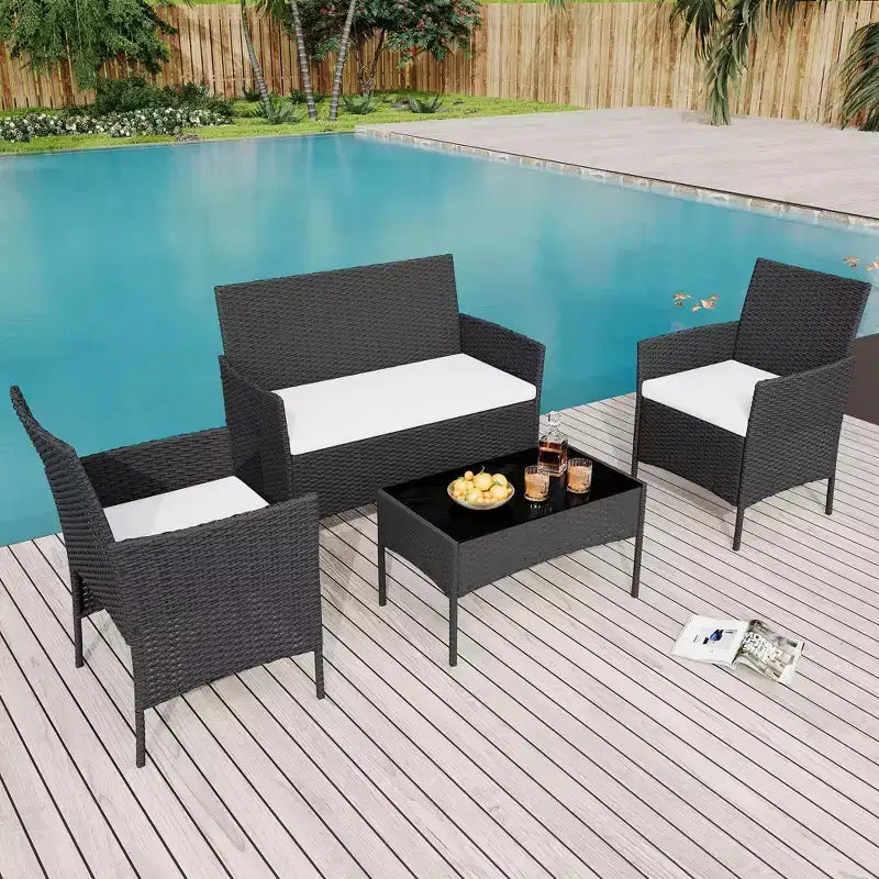 4 Piece Patio Furniture Set, Rattan Wicker Patio Conversation Set with Coffee Table, Outdoor Table and Chairs Set for Backyard Poolside,Black & Beige