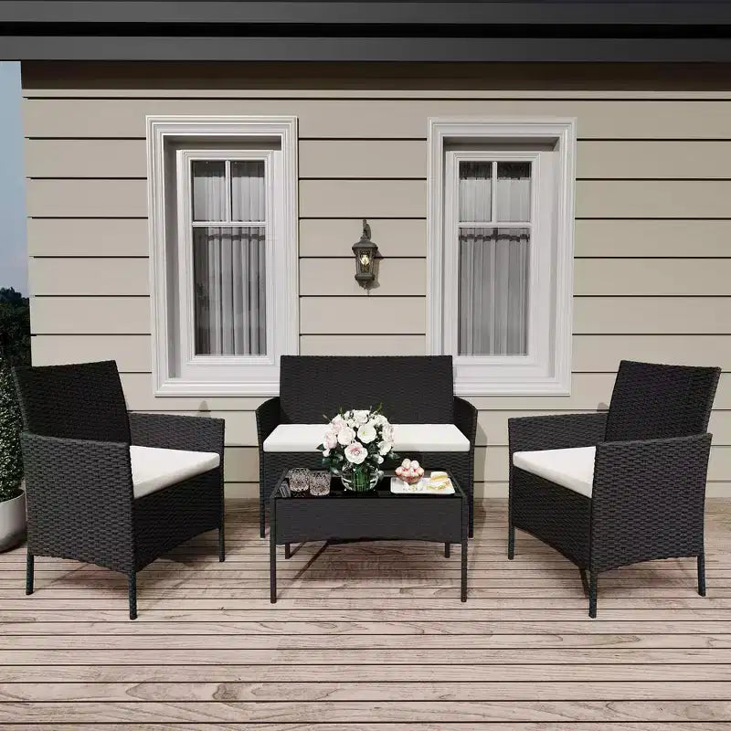 4 Piece Patio Furniture Set, Rattan Wicker Patio Conversation Set with Coffee Table, Outdoor Table and Chairs Set for Backyard Poolside,Black & Beige