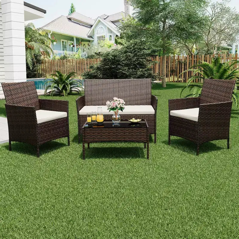 4 Piece Patio Furniture Set, Rattan Wicker Patio Conversation Set with Coffee Table, Outdoor Table and Chairs Set for Backyard Poolside,Black & Beige