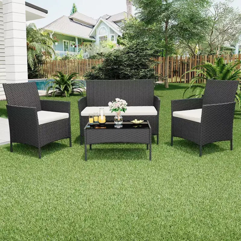 4 Piece Patio Furniture Set, Rattan Wicker Patio Conversation Set with Coffee Table, Outdoor Table and Chairs Set for Backyard Poolside,Black & Beige