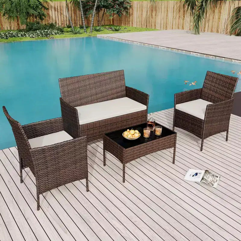 4 Piece Patio Furniture Set, Rattan Wicker Patio Conversation Set with Coffee Table, Outdoor Table and Chairs Set for Backyard Poolside,Black & Beige