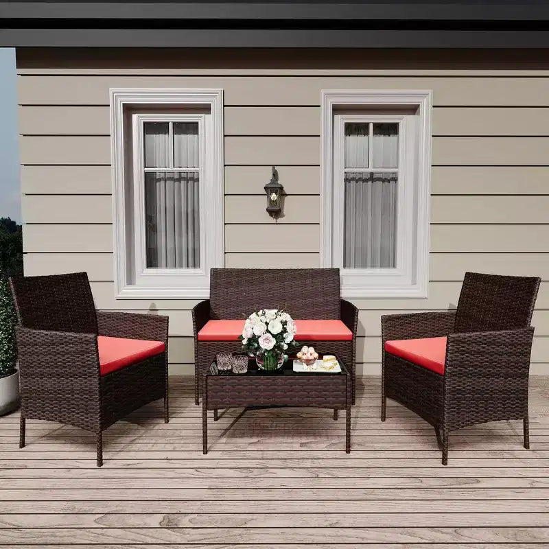 4 Piece Patio Furniture Set, Rattan Wicker Patio Conversation Set with Coffee Table, Outdoor Table and Chairs Set for Backyard Poolside,Black & Beige