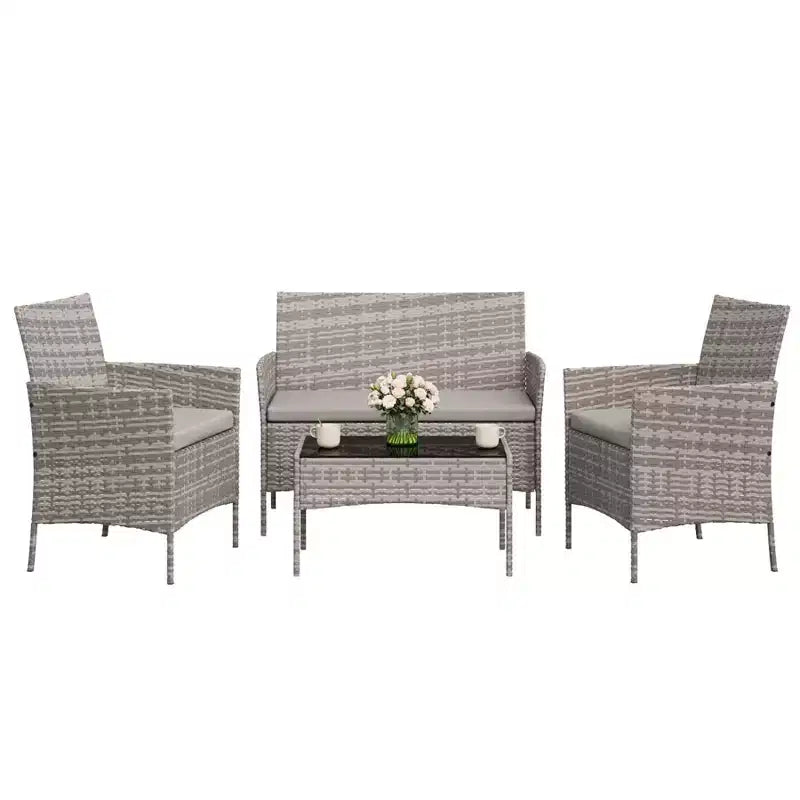 4 Piece Patio Furniture Set, Rattan Wicker Patio Conversation Set with Coffee Table, Outdoor Table and Chairs Set for Backyard Poolside,Black & Beige