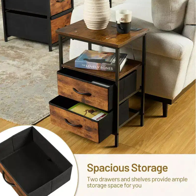 FurnitureR 2-Piece Nightstand Set with 2 Drawers, Industrial Bedside Tables with Open Shelf and Storage Bins, Rustic Brown