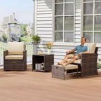 5-Piece High Back Patio Sofa Set, PE Rattan Outdoor Furniture with Soft Cushions, 2 Ottomans and Table, for Garden, Balcony, Porch, Poolside