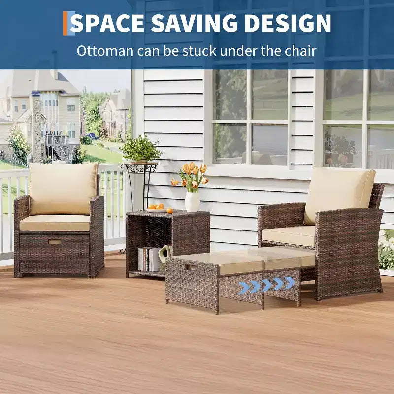 5-Piece High Back Patio Sofa Set, PE Rattan Outdoor Furniture with Soft Cushions, 2 Ottomans and Table, for Garden, Balcony, Porch, Poolside