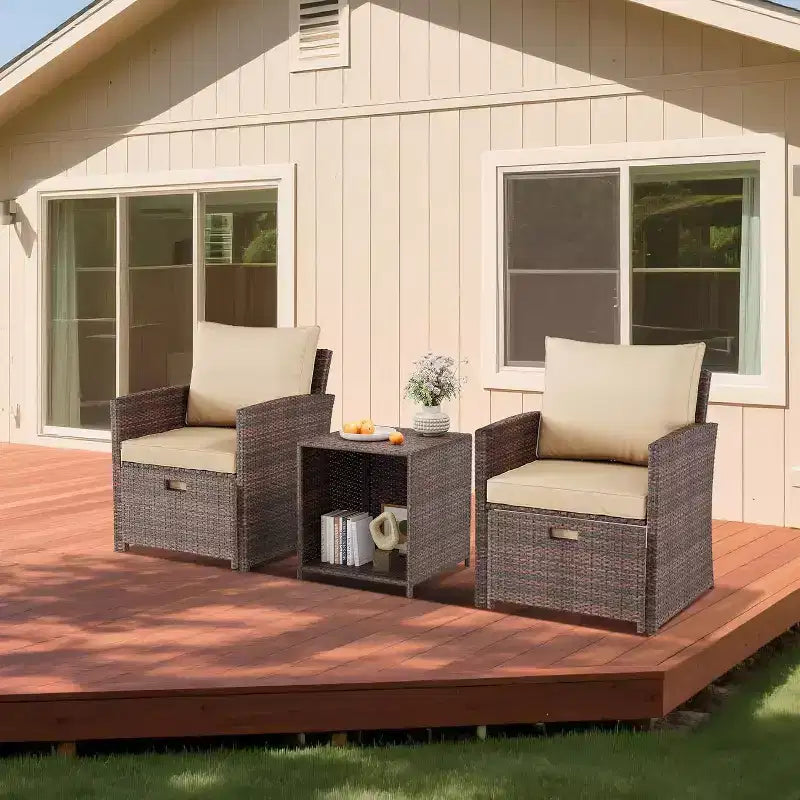 5-Piece High Back Patio Sofa Set, PE Rattan Outdoor Furniture with Soft Cushions, 2 Ottomans and Table, for Garden, Balcony, Porch, Poolside
