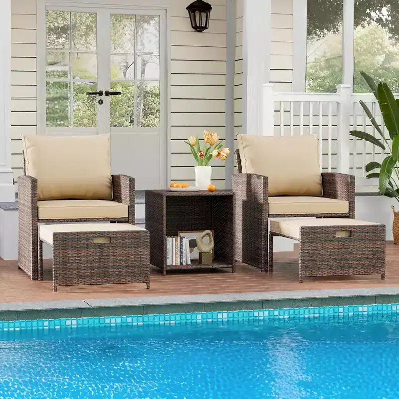 5-Piece High Back Patio Sofa Set, PE Rattan Outdoor Furniture with Soft Cushions, 2 Ottomans and Table, for Garden, Balcony, Porch, Poolside