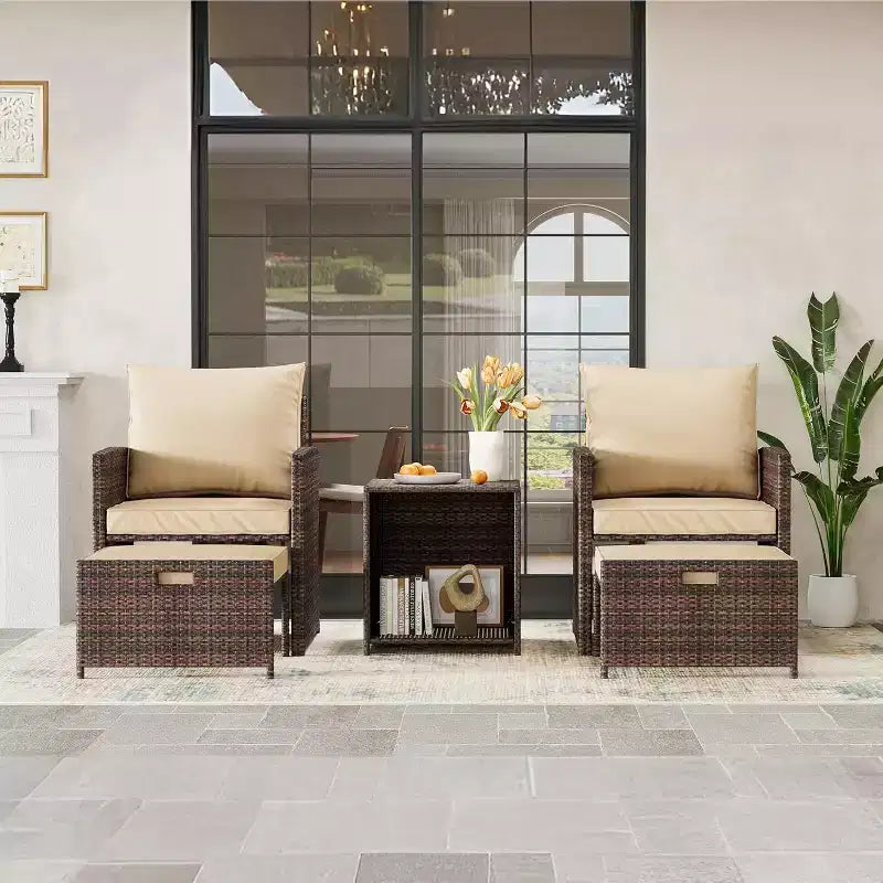 5-Piece High Back Patio Sofa Set, PE Rattan Outdoor Furniture with Soft Cushions, 2 Ottomans and Table, for Garden, Balcony, Porch, Poolside