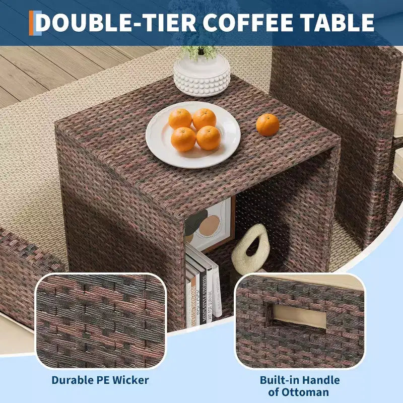 5-Piece High Back Patio Sofa Set, PE Rattan Outdoor Furniture with Soft Cushions, 2 Ottomans and Table, for Garden, Balcony, Porch, Poolside