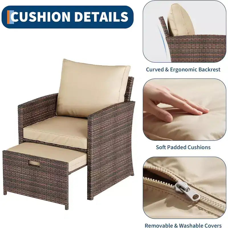 5-Piece High Back Patio Sofa Set, PE Rattan Outdoor Furniture with Soft Cushions, 2 Ottomans and Table, for Garden, Balcony, Porch, Poolside