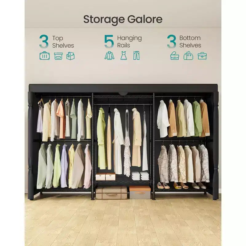 SONGMICS Heavy-Duty Rolling Clothes Rack, Portable Closet on Wheels, with Adjustable Mesh Shelves and Hanging Rails, Fabric Cover, Ink Black