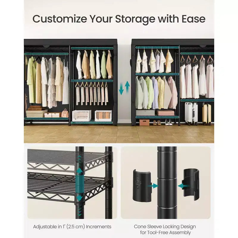 SONGMICS Heavy-Duty Rolling Clothes Rack, Portable Closet on Wheels, with Adjustable Mesh Shelves and Hanging Rails, Fabric Cover, Ink Black