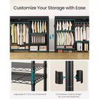 SONGMICS Heavy-Duty Rolling Clothes Rack, Portable Closet on Wheels, with Adjustable Mesh Shelves and Hanging Rails, Fabric Cover, Ink Black