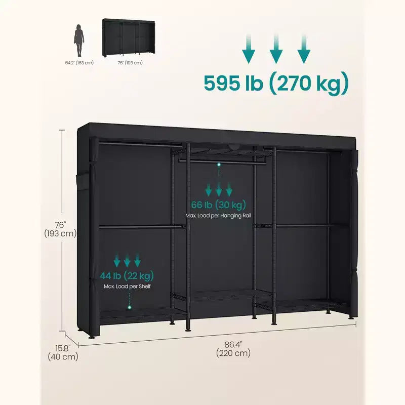 SONGMICS Heavy-Duty Rolling Clothes Rack, Portable Closet on Wheels, with Adjustable Mesh Shelves and Hanging Rails, Fabric Cover, Ink Black
