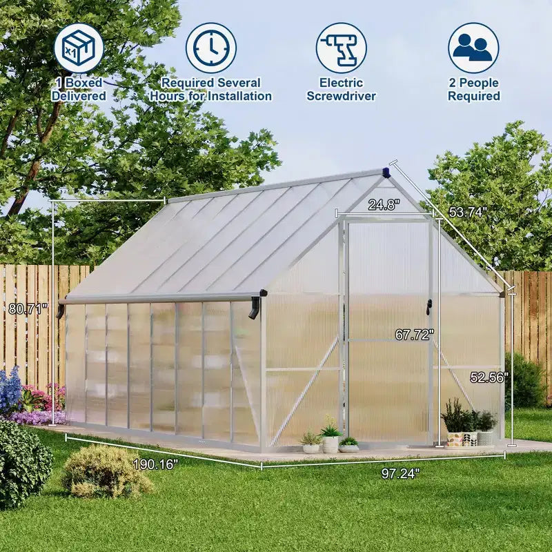 8'X16' Aluminum-Framed Polycarbonate Greenhouse, Heavy Duty Greenhouse with Quick Setup Structure and Roof Vent, Enhanced Aluminum Greenhouses Kit