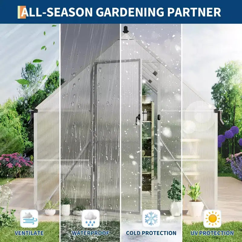 8'X16' Aluminum-Framed Polycarbonate Greenhouse, Heavy Duty Greenhouse with Quick Setup Structure and Roof Vent, Enhanced Aluminum Greenhouses Kit