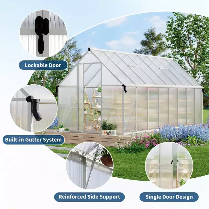 8'X16' Aluminum-Framed Polycarbonate Greenhouse, Heavy Duty Greenhouse with Quick Setup Structure and Roof Vent, Enhanced Aluminum Greenhouses Kit