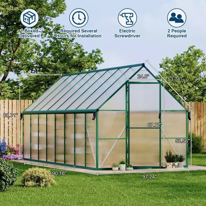 8'X16' Aluminum-Framed Polycarbonate Greenhouse, Heavy Duty Greenhouse with Quick Setup Structure and Roof Vent, Enhanced Aluminum Greenhouses Kit