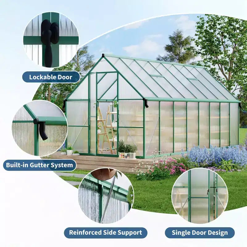 8'X16' Aluminum-Framed Polycarbonate Greenhouse, Heavy Duty Greenhouse with Quick Setup Structure and Roof Vent, Enhanced Aluminum Greenhouses Kit
