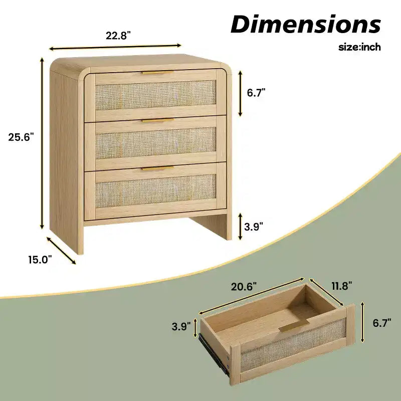 Set of 2 Rattan Nightstands with 3 Drawers, 22.8 Curved Bedside Tables, Mid-Century Modern Bedroom Storage Cabinet-Panipeachy