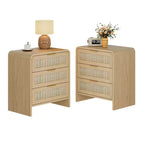 Set of 2 Rattan Nightstands with 3 Drawers, 22.8 Curved Bedside Tables, Mid-Century Modern Bedroom Storage Cabinet-Panipeachy