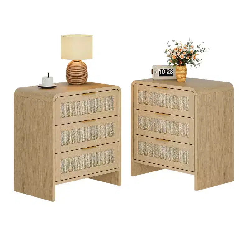 Set of 2 Rattan Nightstands with 3 Drawers, 22.8 Curved Bedside Tables, Mid-Century Modern Bedroom Storage Cabinet-Panipeachy